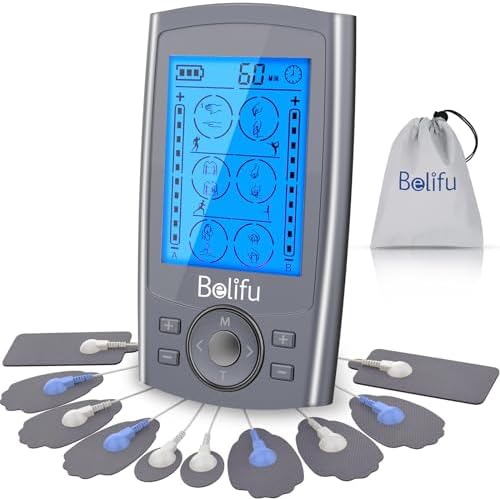 Belifu Dual Channel TENS EMS Unit 24 Modes Muscle Stimulator for Pain Relief Therapy, Electronic Pulse Massager Muscle Massager with 10 Pads, Dust-Proof Drawstring Storage Bag, Fastening Cable Ties by Belifu
