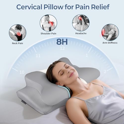 Cervical Pillow for Neck Pain Relief, Ergonomic Neck Pillow for Sleeping, Contour Side Sleeper Pillow for Neck Support, Orthopedic Cooling Memory Foam Pillows for Back Stomach Sleepers (Grey& White) - Image 3