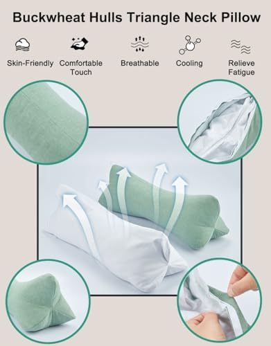 Breathable Buckwheat Cervical Neck Support Pillow, Triangle Pillows for Neck Pain Relief, Adjustable Height Cool Sleep Cylinder Bolster Pillow, Removable Washable, Green 15 X 5 Inches - Image 7