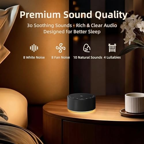 Kipcush White Noise Machine for Baby & Adults, 30 Soothing Sounds, Soft Non-Glare Nursery Lamp, 8 Color Night Lights, Memory Function (Angel V2 Black, Standard) - Image 6