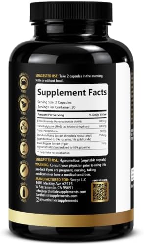 Earth Elixir NMN Supplement 500mg with TMG 500mg, Rhodiola Rosea & Trans-Pterostilbene - 4 in 1 NAD+ Supplement for Men & Women - Cellular Energy, Methylation & Healthy Aging - 60 Vegan Capsules - Image 7
