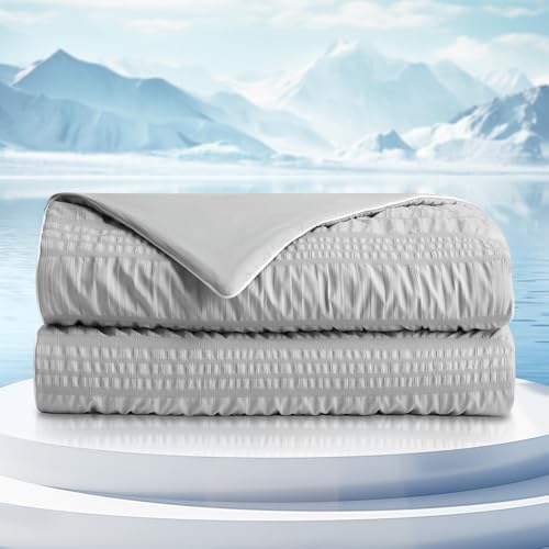 Cozy Bliss Seersucker Cooling Comforter Twin Size, Q-Max 0.45 Reversible Lightweight Cooling Blanket, Breathable Silk Smooth Summer Bedding Quilt for Hot Sleepers Night Sweats Light Grey by CozyBliss