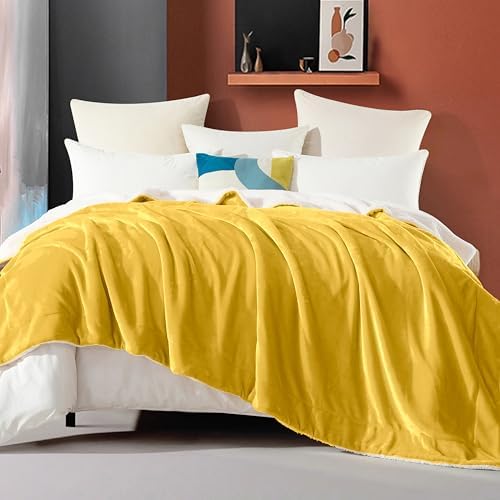 Elegant Comfort Ultra Soft Reversible Flannel Sherpa Blanket - Cozy Silky Fleece Throw for Couch, Bed - Plush Fuzzy Warm Winter Blanket for Gift, Full, Yellow - Image 2