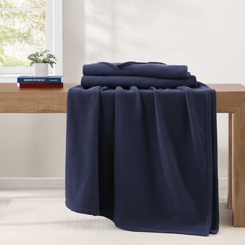 Tommy Hilfiger - Queen Cotton Blanket, Textured Pique Weave Bedding, Medium Weight Soft Blanket, Anti-Pilling & Fade Resistant, Ideal for Layering, Oeko-TEX Certified (Navy) - Image 3