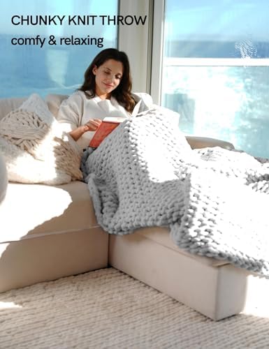 YnM Chunky Throw Blanket, Hand Knitted with Chenille Yarn, Skin Friendly, Ventilated and Breathable, Machine Washable, Home Décor Piece for Couch, Sofa and Bed (Glacier Grey, 40x50 Inch) - Image 5