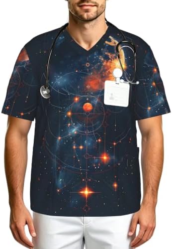 Men's Scrub Top,V-Neck Spill Wrinkle Resistant,3 Pockets-Mysterious Universe (1) by Unknown