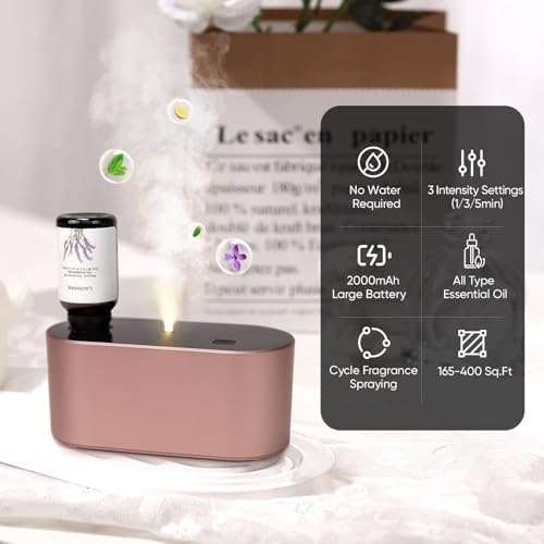 Lecdura Waterless Diffuser for Essential Oil, Battery Operated Scent Air Aromatherapy Diffuser, Mini Aroma Diffusers with 3 Intermittent Mist Modes, Cycle Start for Home Office Bedroom - Rose Gold - Image 2