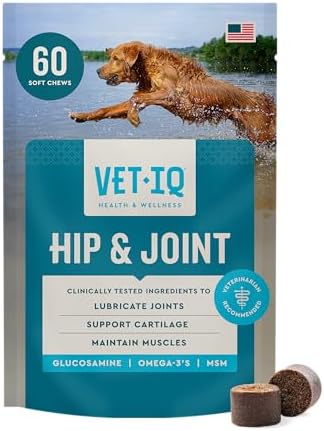 VetIQ Glucosamine Hip & Joint Supplement for Dogs, 60 Soft Chews, Joint Support Supplement with MSM and Krill, Dog Health Supplies Large & Small Breed, Chicken Flavored Chewables by VetIQHealthSupplements