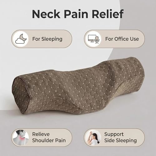 Cervical Neck Pillow for Pain Relief Sleeping, Neck roll Pillow Memory Foam for Stiff Neck Pain Relief ，Travel Bolster Pillow for Bed for Side Sleepers Back Sleeper. (Brown) - Image 2