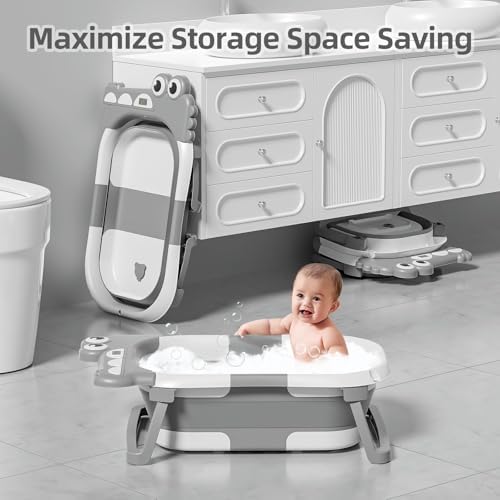 MoreFeel Collapsible Baby Bathtub for Newborn with Thermometer & 1 Hooded Towel & 1 Soft Floating Cushion,Portable Travel Bathtub with Drain Hole, Durable Foldable Baby Tubs for Infants to Toddler - Image 5