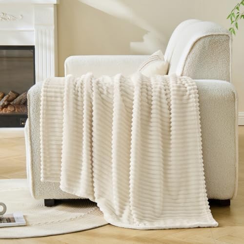 Bnuitland Fleece Throw Blanket for Couch, 300GSM Soft Warm Cozy Fluffy Ivory Throw for Adults & Kids, Stripe Pattern 50"x60", All Season Sofa Bed Blanket for Home Decor - Image 2