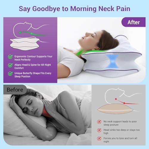 AZBESTPRO Memory Foam Cervical Pillow for Neck Support & Pain Relief, Butterfly Ergonomic Design – 24×15.75×5.7 Inches, Removable 100% Polyester Pillowcase, Suitable for Side & Back Sleepers (Purple) - Image 3