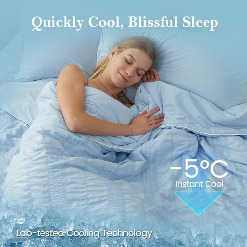 Cozy Bliss Seersucker Cooling Comforter Twin Size, Q-Max 0.45 Reversible Lightweight Cooling Blanket, Breathable Silk Smooth Summer Bedding Quilt for Hot Sleepers Night Sweats Cold Blue - Image 2