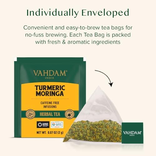 VAHDAM, Turmeric Moringa Tea Bags (15 Herbal Tea Bags) Caffeine Free, Non GMO, Gluten Free | 100% Pure Herbal Blend - Sweet & Earthy | Resealable Ziplock Pouch | Individually Wrapped - Image 4