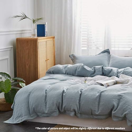 Simple&Opulence 100% Linen Duvet Cover Set with Embroidery Border Washed - 3 Pieces (1 Duvet Cover & 2 Pillow Shams) with Button Closure Soft Breathable Farmhouse - Dusty Blue, Full Size - Image 6