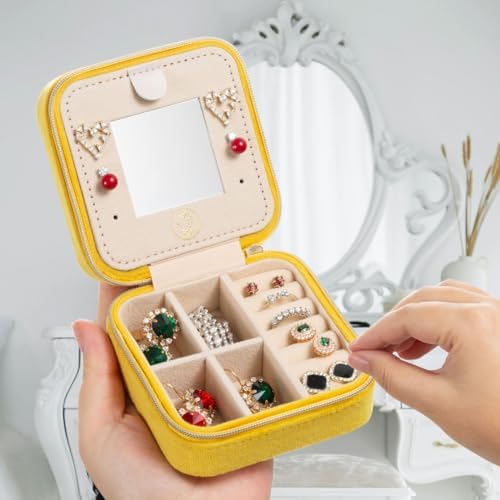 ZPROW Plush Velvet Travel Jewelry Case, Organizer, Box, Small Case for Women, Earring Organizer with Mirror, Best Gifts For Daughter, Girlfriend, Mom - Yellow - Image 2