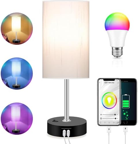 Bedroom Lamp with Smart RGB LED Bulb, Multicolor Changing Table Lamp for Bedroom with 2 USB Port, Dimmable Bedside Lamp Work with Alexa, Smart Nightstand Light for Living Room Sync with Music(2.4GHz) by Peteme