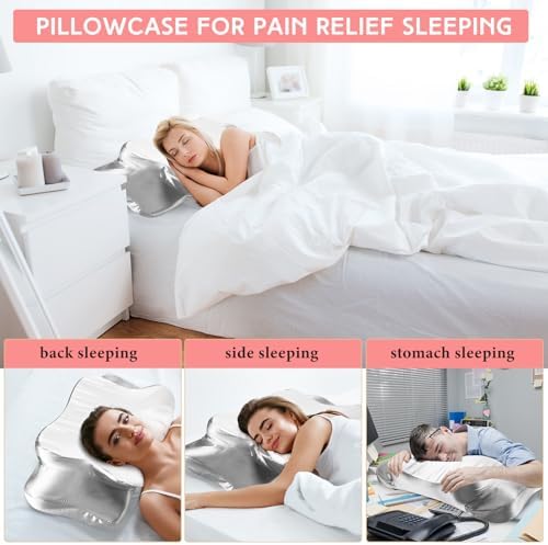 Hahafelt Cervical Neck Pillowcase (Only Pillowcase) Satin Pillow Cover with Zipper Ergonomic Contour Pillow Cover for Side Back Stomach Sleepers(White and Gray,Standard Size) - Image 4