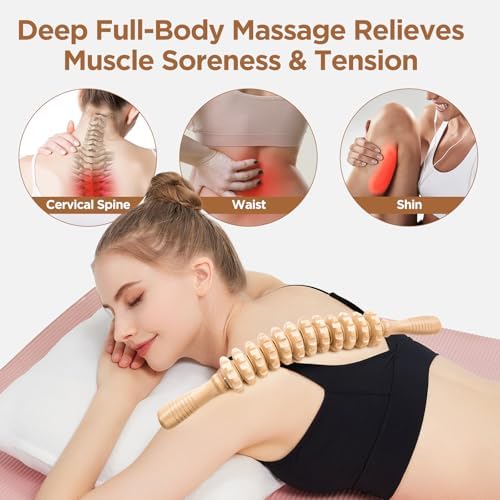 Wooden Cellulite Massage Roller for Legs and Thighs - Handheld Fascia Blaster Tool for Muscle Relief, Lymphatic Drainage & Body Sculpting - Anti Cellulite Massager for Women and Men (12 Wheel) - Image 3