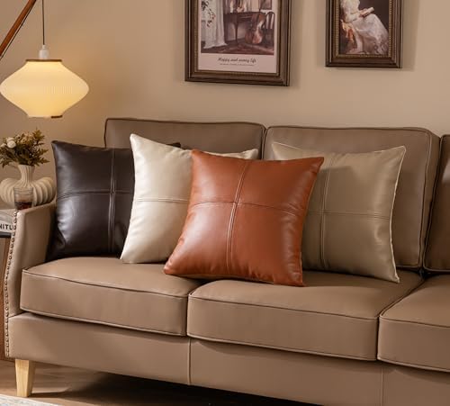 Full Grain Leather Throw Pillow Cover (20" x 20") (Cream) - Image 6