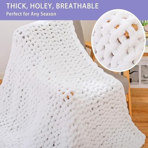 Bigacogo Chunky Knit Throw Blanket for Couch, 80x90 inches, Pure White - Image 3