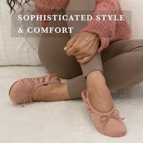 Isotoner Women's Satin Ballerina Slippers with Classic Ribbon Bow and Suede Sole - Image 4