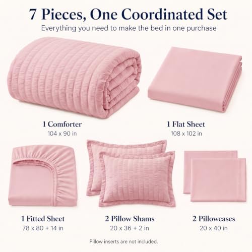 CozyLux King Size Comforter Set, 7 Pieces Pink Seersucker Bed in a Bag - Image 2