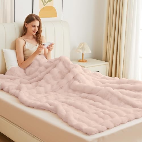 ORINOVA Pink Fluffy Blanket Queen Size 90x90 Faux Fur Soft Furry Blanket for Bed Couch Cozy Fuzzy Throw Queen Blankets for Bedroom Home Decor 1000 GSM by ORINOVA