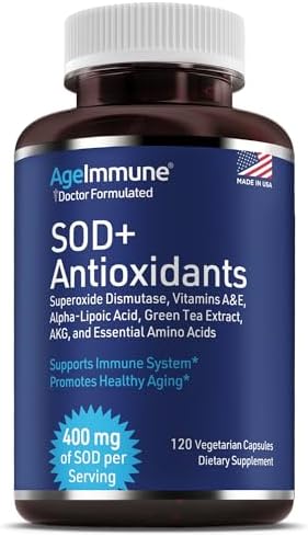SOD Antioxidants Complex Healthy Aging Supplement - 400mg of Superoxide Dismutase - Alpha Lipoic Acid - Green Tea Extract - L-Arginine - Lysine - AKG - Vitamins A and E for Immune Support-120 Capsules by AgeImmune