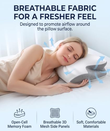 Low Profile Cervical Pillow for Neck Pain Relief, Orthopedic Memory Foam Pillow with Dual Height 4.3" & 5.1" Loft, Cooling Butterfly Contour with Arm Rest for Side and Back Sleepers - Image 4