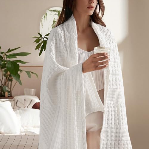 PHF Lightweight 100% Cotton Waffle Throw Blanket for Couch, White - Image 2