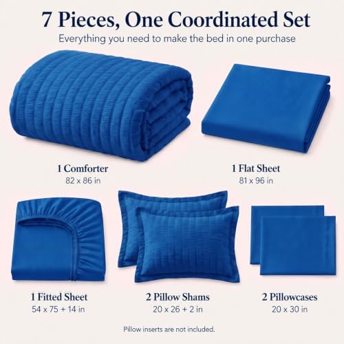 CozyLux Full Comforter Sets, 7 Pieces Classic Blue Seersucker Bed in a Bag - Image 2