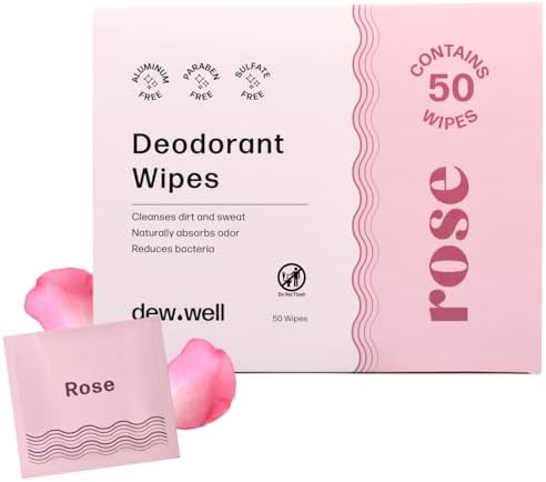 Dew Well Deodorant Wipes - Individually Wrapped Armpit Wipes - Aluminum Free Body Sheets with Natural Extracts - Rose Towelette for Travel - 50 Count, Pack of 1, Rose by DewWell
