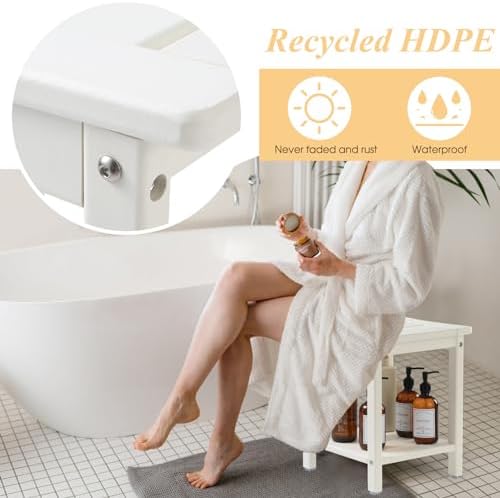Apolimi Shower Chair, HDPE Shower Bench for Inside Shower to Sit On It, Shower Stool with Storage Shelf 2-Tier Spa Stool for Elderly,Water Resistant & Non-Slip Design Shower Seat Bench(White S Size) - Image 4