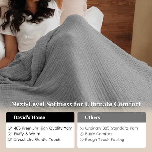 David's Home 100% Cotton Muslin Throw Blanket for College Dorm, 4-Layer Soft Breathable Lightweight Comfy Cozy Throw Guaze for Hot Sleepers, 3D Bubble Room Decor for Bed, Giftable, Dark Grey, 50"x70" - Image 4