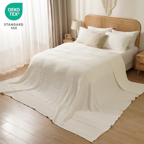 PHF Lightweight 100% Cotton Waffle Blanket, Oversized King, Ivory - Image 5