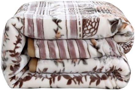 Nestl 9 Lbs Velvet Fleece Queen Size Blanket - 2 Ply Heavy & Warm Korean Style - Reversible Printed Raschel - Wrinkle & Fade Resistant - 79 x 94 Inches - Beige - Image 2