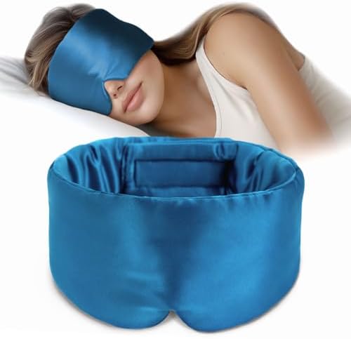 Silk Sleep Mask Soft Pressureless: 100% Mulberry Silk for Eye Skin Anti Wrinkles, Large Size for Total Blackout, Adjustable Wide Velcro Ear Cover by OLESILK