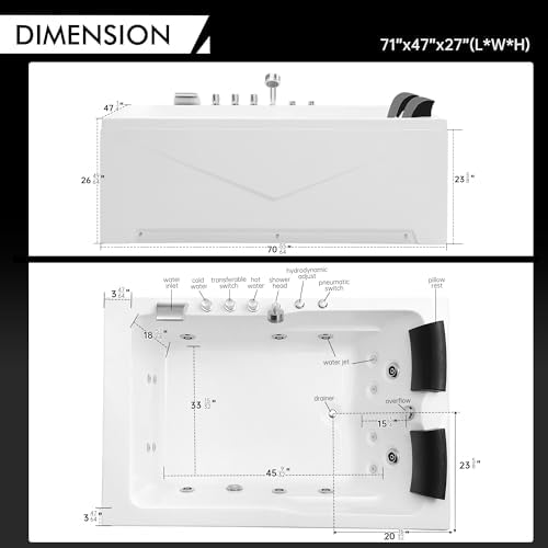 Empava Whirlpool Bathtub 71 Inch, 2 Person Jetted Tub - Image 3