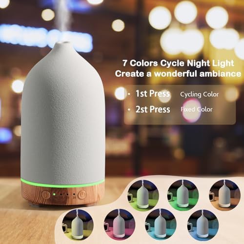 Diffuserlove Ceramic Essential Oil Diffuser 160ML Aromatherapy Diffuser for Home Bedroom Room Cool Mist Humidifier Stone Air Diffusers with Yellow Wood Pattern Base (Size:6.8" H x 3.6" W) - Image 4