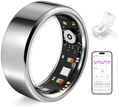 Smart Ring for Women Men Fitness Tracker Heart Rate Sleep Trends 128 Sports Modes Gesture Control Cycle Tracking IP68 Waterproof No Subscription Compatible with iPhone Android (Silver, Size11) by Unknown