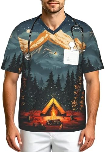 Men's Scrub Top,V-Neck Spill Wrinkle Resistant,3 Pockets-Camping (3) by Unknown