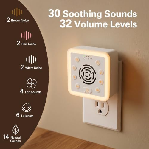 Zarler Wall Plug in White Noise Machine - Always On, No Batteries to Recharge, Noise Masking Sound Machine for Sleep, Office Privacy & Travel, 32 Volume Controls, 30 Soothing Sounds, Night Light - Image 4