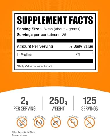 BulkSupplements.com L-Proline Powder - Proline Supplements, Amino Acid Powder - Unflavored & Gluten Free, 2g per Serving, 250g (8.8 oz) (Pack of 1) - Image 2
