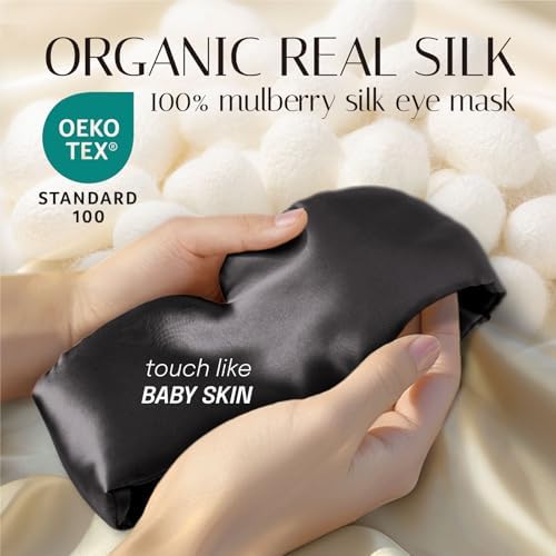 Silk Sleep Mask Soft Pressureless: 100% Mulberry Silk for Eye Skin Anti Wrinkles, Large Size for Total Blackout, Adjustable Wide Velcro Ear Cover - Image 2