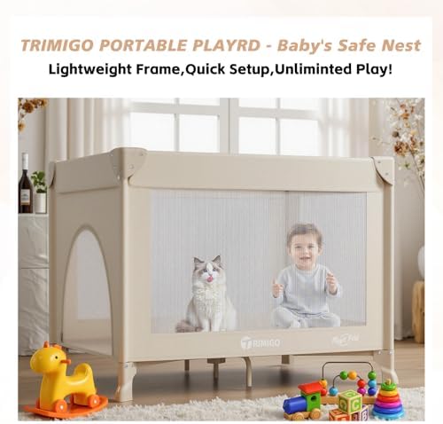 Portable Baby Playard& Playpen with Mattress, Travel Crib, Khaki - Image 2