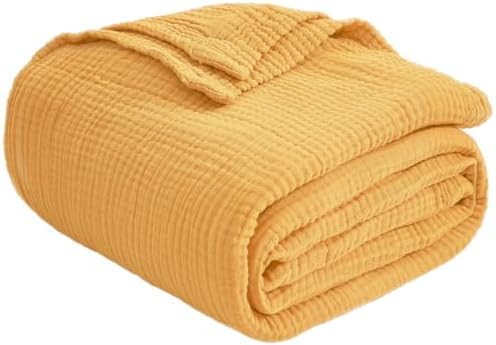EMME Cotton Muslin Queen Blanket Bed Layering Bedspread Coverlet Breathable Gauze Soft Lightweight Adults (Heather Yellow, 90"x90") by EMME