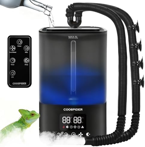 Coospider Reptile Fogger Humidifier, Automatic Humidifiers for Reptiles Tank, Terrarium Humidifiers with Dual Hose Timer Humidity Control, Reptile Mister for Amphibians Herps Vivarium (5L/1.32Gallon) by Coospider