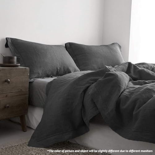 Simple&Opulence 100% Linen Duvet Cover Set with Embroidery Border Washed - 3 Pieces (1 Duvet Cover with 2 Pillow Shams) with Button Closure Soft Breathable Farmhouse - Dark Grey, Queen Size - Image 6