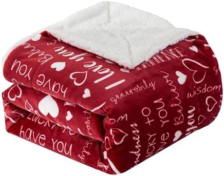 Elegant Comfort Luxury Valentine’s Day Sherpa Throw Blanket Ultra-Soft Cozy Velvet Pink Hearts Fleece Throw-Micromink Sherpa for Her, Wife, Girlfriend, Sherpa Reversible Blanket- LoveYouRed by ELEGANTCOMFORT